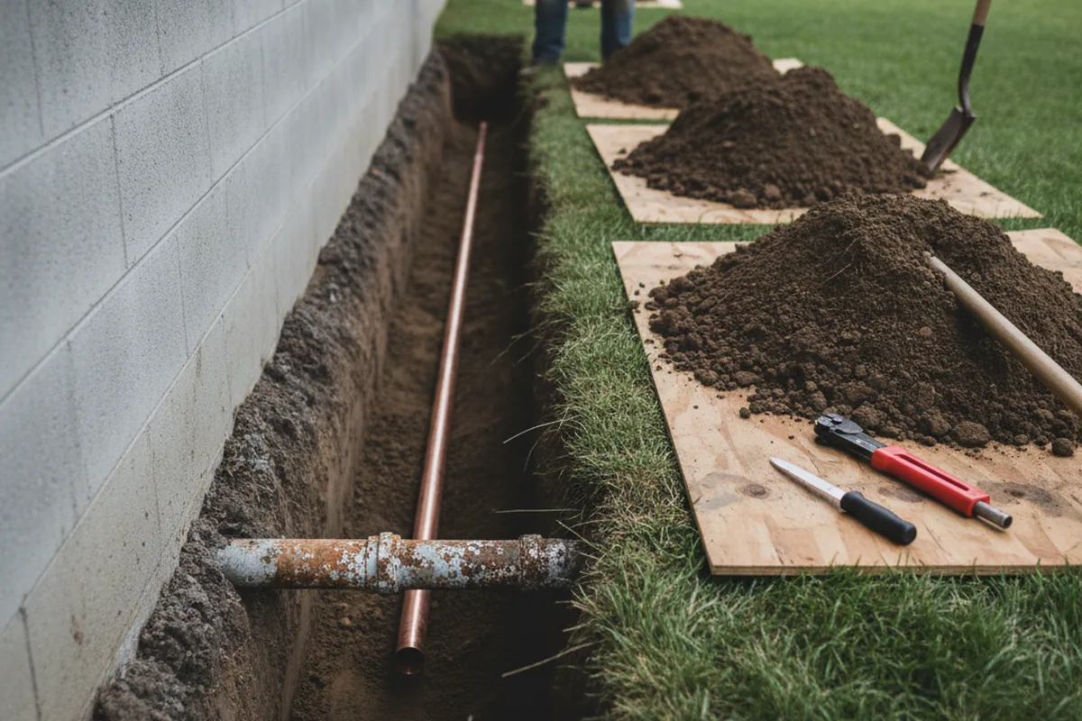 Excavated water line trench during Water Softener Installation in Elkins Park